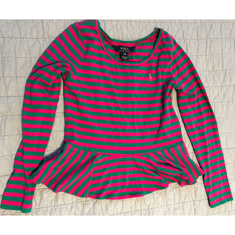 Ralph Lauren Girl's Pink Green Striped Long Sleeved Top Size Medium Peplum Prep